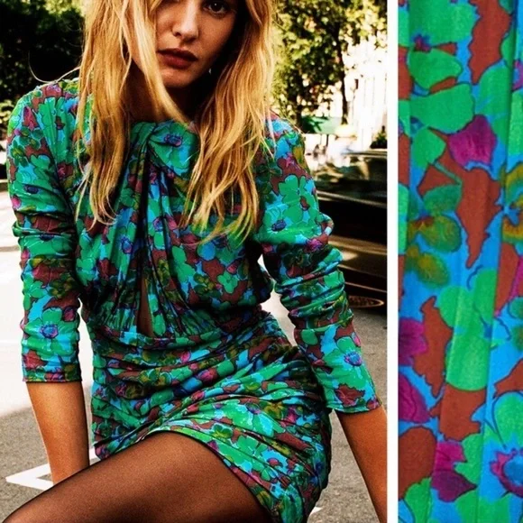 Zara Multicolor Floral Long Sleeve mini body-con Dress XS - Picture 1 of 11